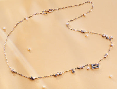 Universe | Natural Aquamarine, Tiny Pearl & Diamond 18kt White Gold Scattering Necklace
