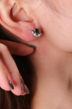 Universe | Natural Emerald, Tiny Pearl & Diamond 18kt White Gold Earrings