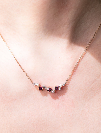 Universe | Natural Garnet, Tiny Pearl & Diamond 18kt White & Rose Gold Necklace