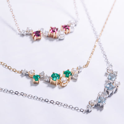 Universe | Natural Emerald, Tiny Pearl & Diamond 18kt White & Yellow Gold Necklace