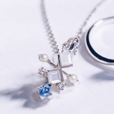 Snowflakes | Natural Sapphire, Mother-of-Pearl, Tiny Pearl & Diamond 18kt White Gold Necklace