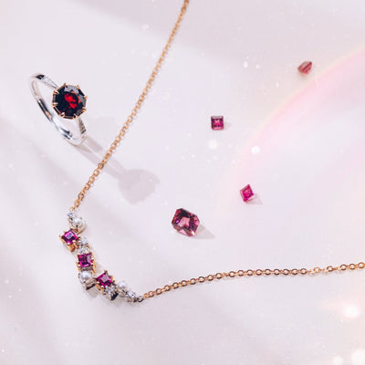 Universe | Natural Garnet, Tiny Pearl & Diamond 18kt White & Rose Gold Necklace