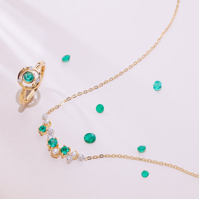 Universe | Natural Emerald, Tiny Pearl & Diamond 18kt White & Yellow Gold Necklace
