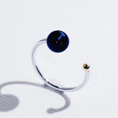 Galaxias | Natural Black Chalcedony 925 Silver 18K Gold Plated Stacking Open Ring